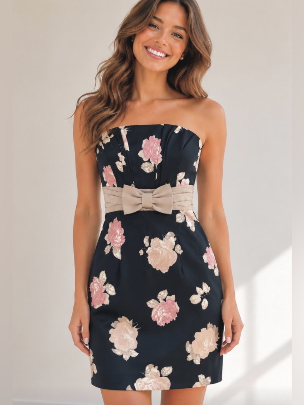 H&M Strapless Black Sheath Dress with Pink Floral Print and Taupe Bow